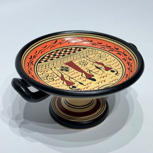 Vintage Hand Made Savas Ceramics Rhodes Small Pedestal Bowl Greek Figures (A9) - Picture 7 of 16